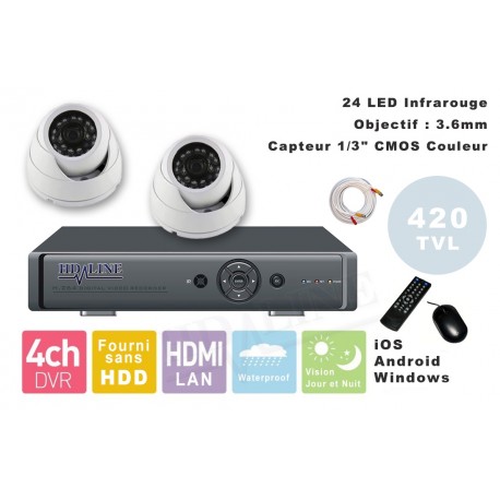 Kit videosurveillance  DVR 4 sorties  + 2 Cameras domes MD-200W + 2x 20m cable BNC blanc + 1 adaptateur 4en1 + 1 alimentation 5A