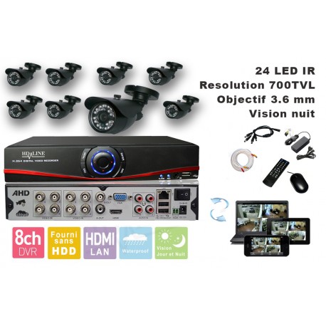 Kit videosurveillance DVR  8HQ  + 8 Cameras WP-500B + 8x 20m cable BNC blanc + 1 adaptateur 8en1 + 1 alimentation 5A