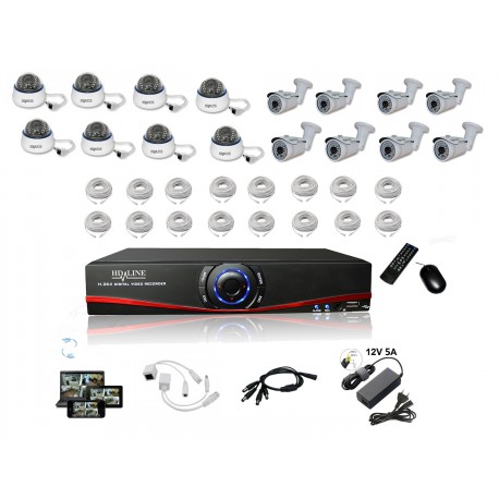 Kit Vidéosurveillance IP NVR + 8 dômes IP1200 + 8 caméras IP1300 + 16x 20m RJ45 + 16x adaptateurs RJ45 + 2 1/8 splitter + 2 Alim