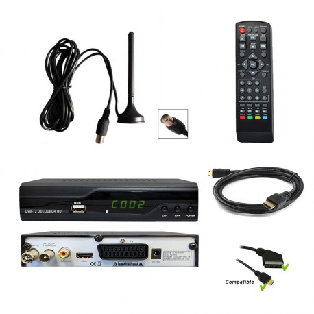 Kit TNT HD - Décodeur terrestre TNT DVB-T2 H.265 - USB / HDMI / Péritel + Mini antenne HDTV HD-975T