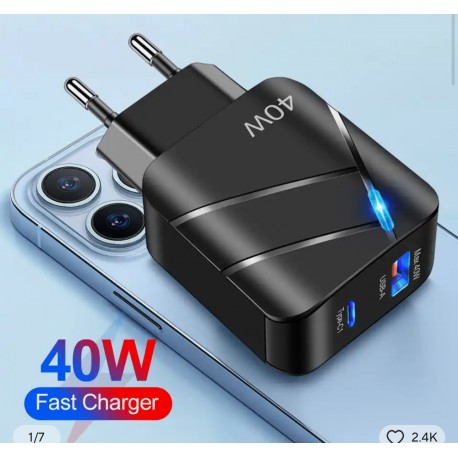 40W NOIR chargeur 1 USB.  1 TYPE C