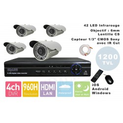 Kit videosurveillance  DVR  4HQ  + 4 Cameras WP-900W + 4x 20m cable BNC blanc + 1 adaptateur 4en1 + 1 alimentation 5A