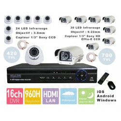 Kit videosurveillance DVR  16 + 8 Camera MD-450W + 8 Camera BX-1150W + 16x 20m cable BNC blanc + 2 adaptateur 8en1 + 2 alim 5A