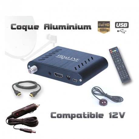 HD-LINE HD-120 + Allume-cigare Mini démodulateur satellite FTA coque alu 220V 12V Bip signal HDMI USB Déport IR